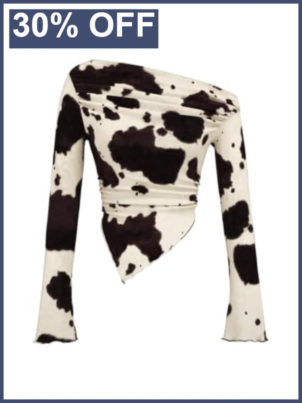 Womens Y2K Cow Print Bell Sleeve Ruched Asymmetrical Neck Slim Fit Tee Top